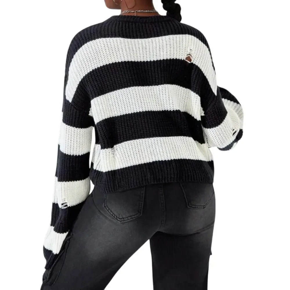 Girls Striped & Distressed Sweater in Black/White, Size 16Y